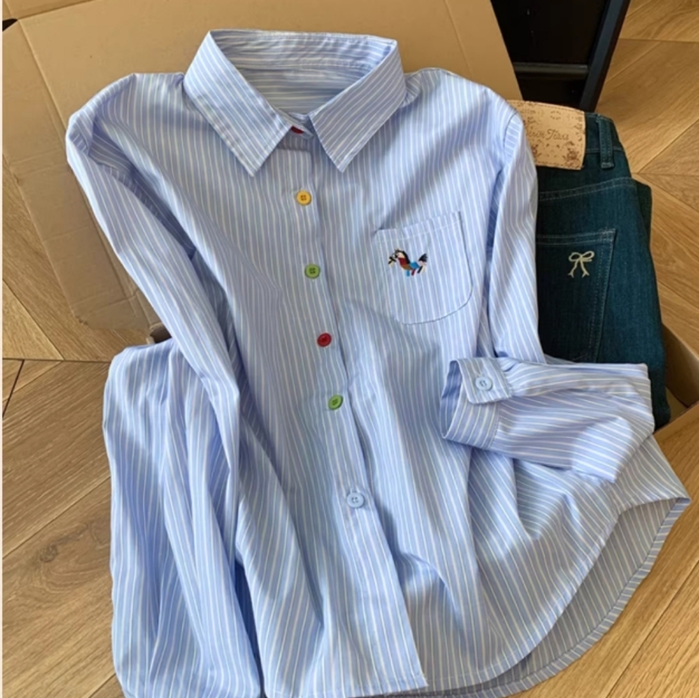 Blue Striped Colorful Button Embroidered Shirt